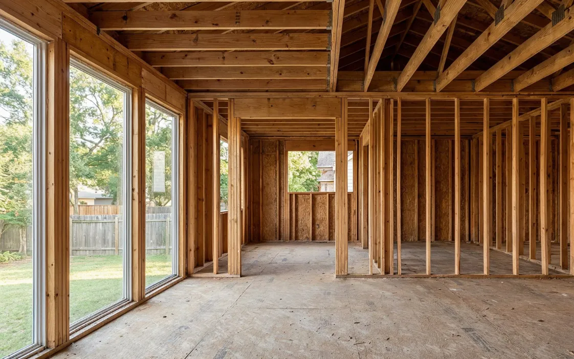 Wood framing stage of a residential room addition under construction in a Dallas backyard setting